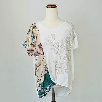 Desigual Womens T-Shirt Top Floral Soft Relaxed Ivory Size XXL 2XL • $39.95