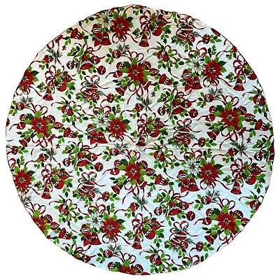 Vintage 40s 50s Round Tablecloth Christmas Poinsettias Bells Red Green 56  • $29.99