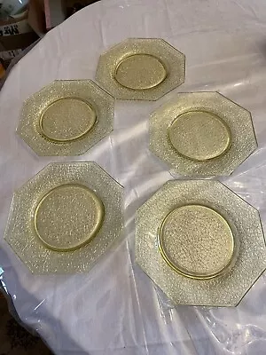 Depression Glass  Canary Yellow  Vaseline Uranium 7  Plates Octagon Set Of 5 • $30