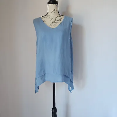 La. Fixsun Pre-Shrunk Linen Lagenlook Hi-Low Layered Tank Blue Sz.M Made In USA • $34.98