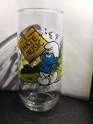 Vintage 1982 GROUCHY SMURF  I Hate Music  Drinking Glass NEW  FREE SHIPPING  • $15.49