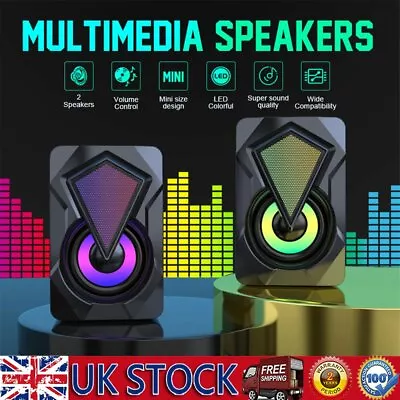 Subwoofer Computer Speakers USB Wired LED Bass Stereo Player For Laptop PC UK • £11.99