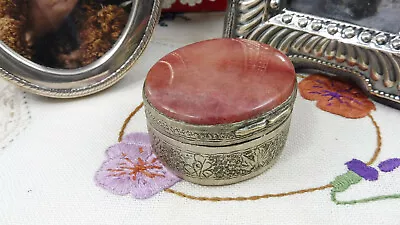 Vintage Hand Crafted Tibetan Silver Trinket Box Pill Box Red Agate Hinged Lid • $59