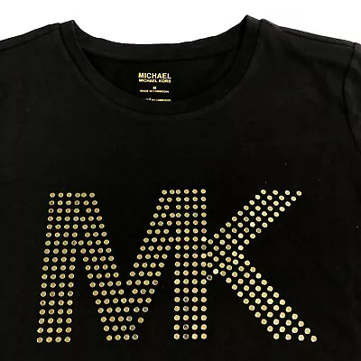 NWT Womens Michael Kors Black T-shirt Gold Sequin MK Logo Gold Mirrored S M L XL • $39.99