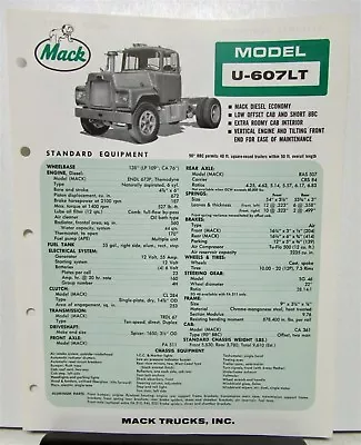 1965 Mack Truck Model U 607LT Specification Sheet • $12.17