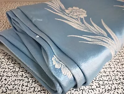 Vintage Retro Pale Blue Silk Sateen Damask Woven Cotton Floral Leaf Curtain • £20