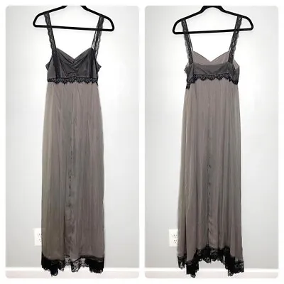 Miguelina 100% Silk Maxi Chiffon Lace Dress Lined Lightweight In Gray Size L • $50