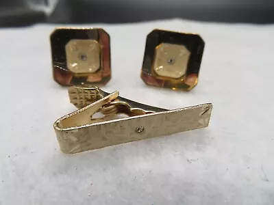 Vintage Square Gold Tone With Faux Diamond Center Cufflinks And Tie Clip Set • $7.95