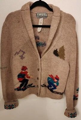 VTG Ski Sweater/CardiganCrop Tan Wool Intarsia Knit Skiers SHADOW NEW YORK Med • $95.80