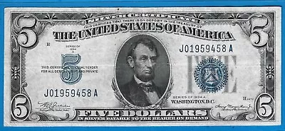 1934 A $5 Silver Certificate NoteBlue SealCirc Very FineNice! • $5