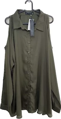 Zanzea Plus Size Shirt Blouse Khaki Green Cold Shoulder Button Satin Size 26 • $34.82