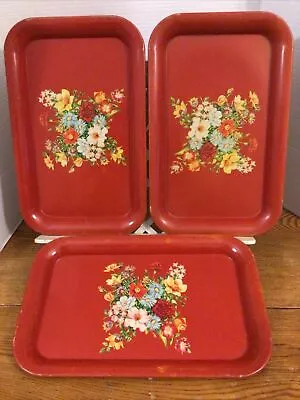 Vintage Metal Trays Red Floral Flowers 14x9 Breakfast Lap Serving Work Tray • $28