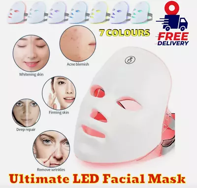 7 Colors Facial LED Mask Photon Skin Therapy Rejuvenation Wireless Anti Aging UK • £16.99