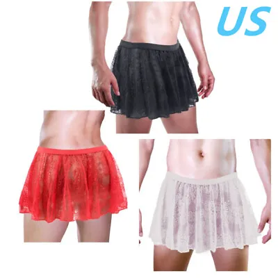 US Sissy Men Sexy Lace Mini Skirt See Through Crossdresser Mini Skirt Nightwear • $10.69