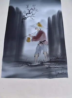 Vintage Asian Signed Watercolor On Silk Mountain Man Pedal Boat Black White Fog • $899.40