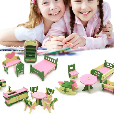 £4.99 • Buy Wooden Furniture Dolls House Set Room Family People Miniature Toys