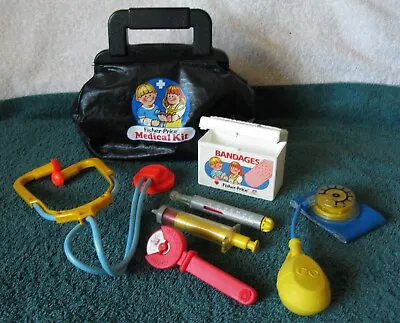 Vintage Fisher Price Medical Kit Doctor Nurse Black Bag & Tools 1987 NICE!! • $19.99