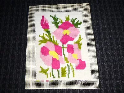 Vtg 60s Coats & Clark COMPLETED Needlepoint Pink Poppies MOD Flowers 7x9  • $19