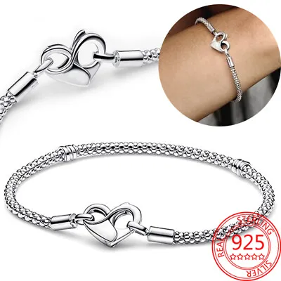 Classic Real 925 Sterling Silver Snake Chain Moments Heart Closure Bracelet • $21.99