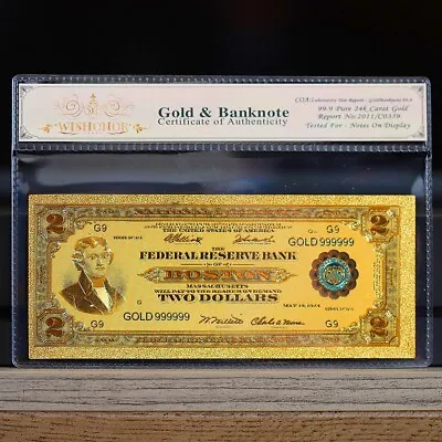 100mg 24K Gold 1918 $2 Dollar Bill Federal Reserve Note Large Banknote White COA • $14.95