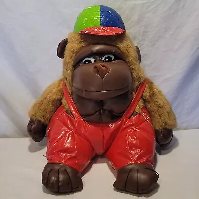 Vintage Suarloaf Gorilla Plush Red Overalls Hat 13  Seated Brown Stuffed Animal  • $50