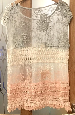 £9.99 • Buy Tonal Boho Green Peach Mesh Embroidered Crochet Long Fringe Top Bust 40” L29”