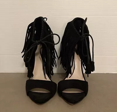 Zara Basic Collection Black Suede Fringe Stiletto Heels Size 38 EUR/7.5 US • $10