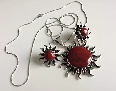 925 Antiquing Sterling Silver And Red Stone Sun Set 30  Necklace And Earrings • $120