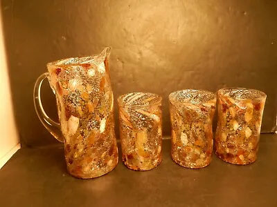 Vintage Murano C Rossi Brown Millefiori Aventurine Blown Glass Pitcher & Glasses • $59.95