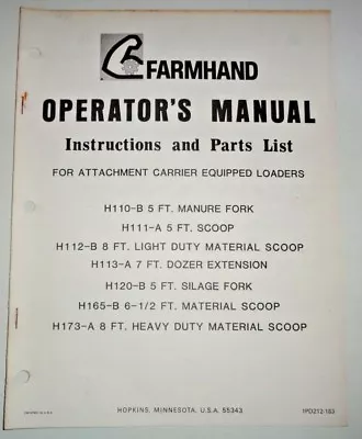 *Farmhand Manure Forks Scoops Dozer Extension Ect Operators Parts Manual • $3.25