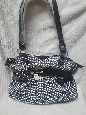 Houndstooth Satchel Shoulder Bag Black White Patent Leather New!! Buckle Silver  • $30