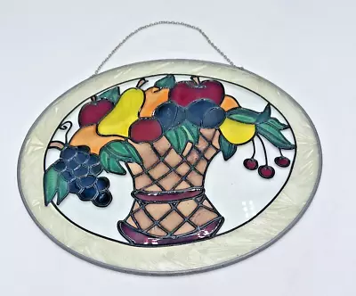 Vintage 11 X 9 Stained/painted Glass Hanging Sun Catcher W/ Fruit Basket Theme • $14.99