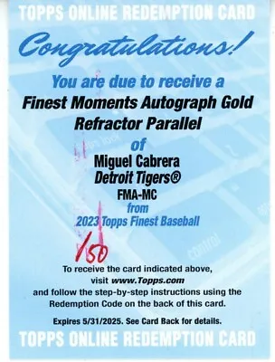 MIGUEL CABRERA 2023 Topps Finest GOLD Refractor Auto Autograph /50 Redemption • $149.99