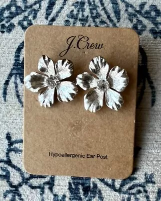 J Crew Pansy Flower Floral Stud Silver Clear Crystal Statement Earrings 🌸 • $23.19