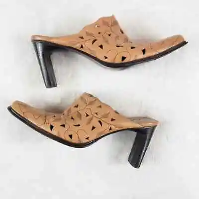 MIA Vicki Tan Leather Laser Cut Leaf Pattern Stacked Heel Slip-on Mules 7M. EUC • $20.87