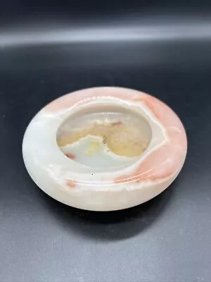 Ashtray Onyx Marble Stone Pink Amber 5” Round  Mid-Century Modern Tobacco Heavy • $16