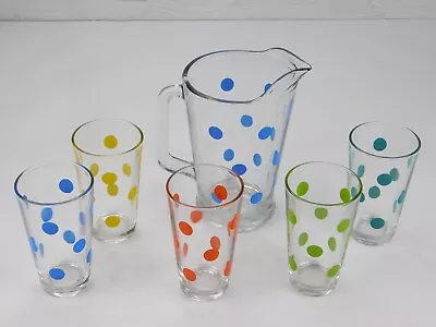 VTG MCM Libbey Polka Dot Pitcher Set 5 Glasses 1950’s Blue Dots Retro Barware • $59.99