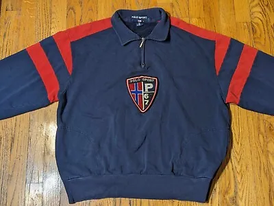 Vintage Polo Sport Sweater Men Large Navy Solid 1/4 Zip Rugby Badge Shield Crest • $99.99