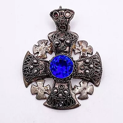 Vintage Sterling Silver 950 Jerusalem Crusaders Cross Maltese Pendant Blue Stone • $79