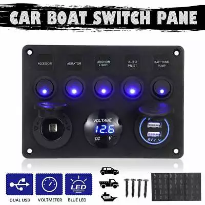 $29.99 • Buy 5 Gang 12V Switch Panel Control Dual USB ON-OFF Toggle For Car Boat Truck Marine