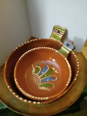 Pair Of Vintage Mexican Red Clay Art Pottery Nesting Bowls With Handles • $10