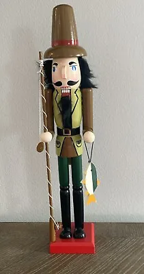 Wooden Fisherman Nutcracker 15” Tall Fishing Pole W/Fish Tall Hat • $29.99