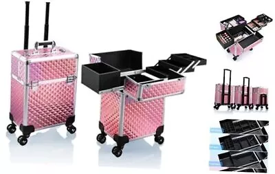 Rolling Makeup Train Case Large Storage Cosmetic Trolley 4 Tray With Pink • $135.70