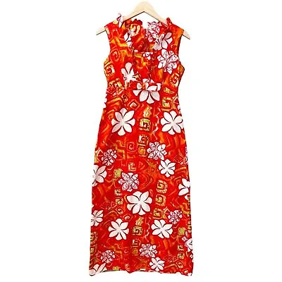 Vintage Aloha Dress Womens S Mumu Hawaiian Barkcloth Long Red Orange Floral • $66.46