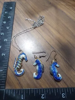 Sea Horse Pendant SET Necklace Earrings Seahorse Enamel Charm Beach Jewelry BLUE • $10