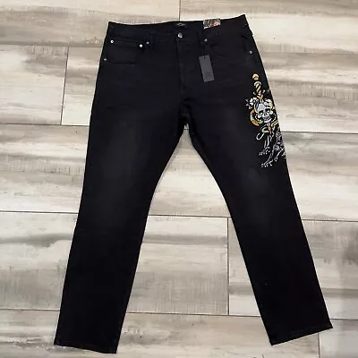 Ed Hardy Jeans Mens 40 Black Embroidered Denim Slim Fit Skull Panther NEW 40 • $80