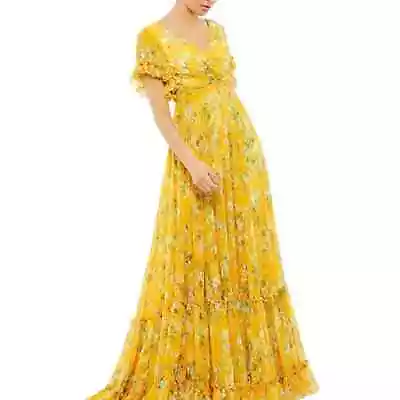 NWT Mac Duggal 67933 Yellow Multi Whimsical Floral Maxi Dress - Size 8 • $239