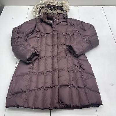 Eddie Bauer Lodge Down Hooded Parka Coat Plum Removable Faux Fur Women Size L • $55