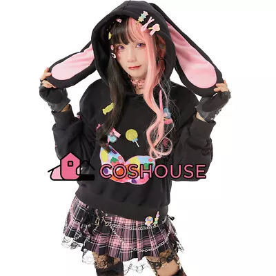 Women's Pullover Bunny Girl Ear Hoodie With Detachable Furry Cat Paw Gloves Bag • $74.99