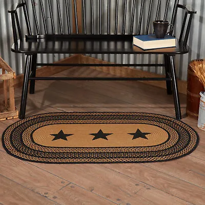 VHC Farmhouse Black Tan Stars Variegated Country Oval Braided Rug W/Pad • $34.95